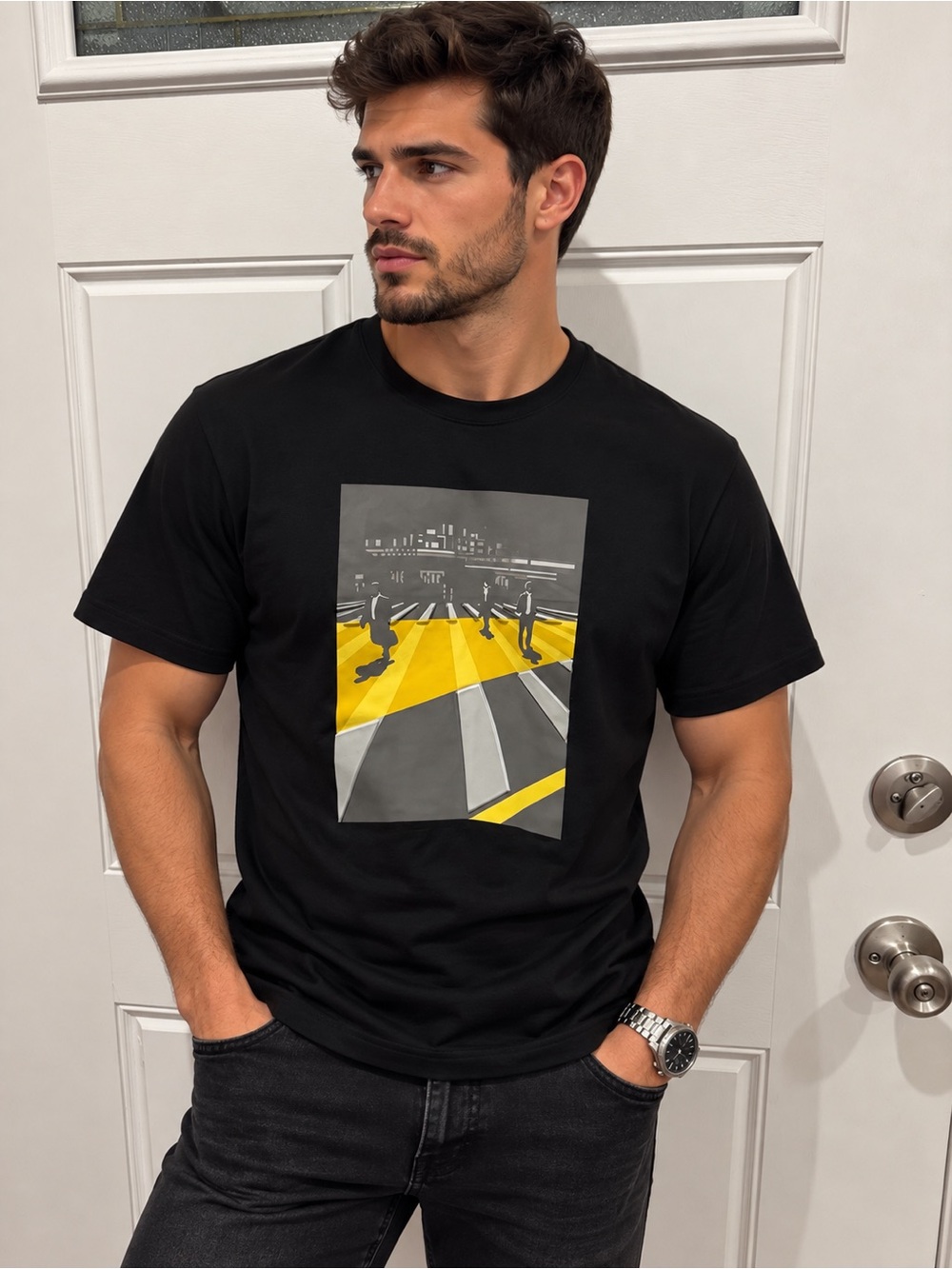 Men's Black Short-Sleeve Graphic Tee with Yellow Accent